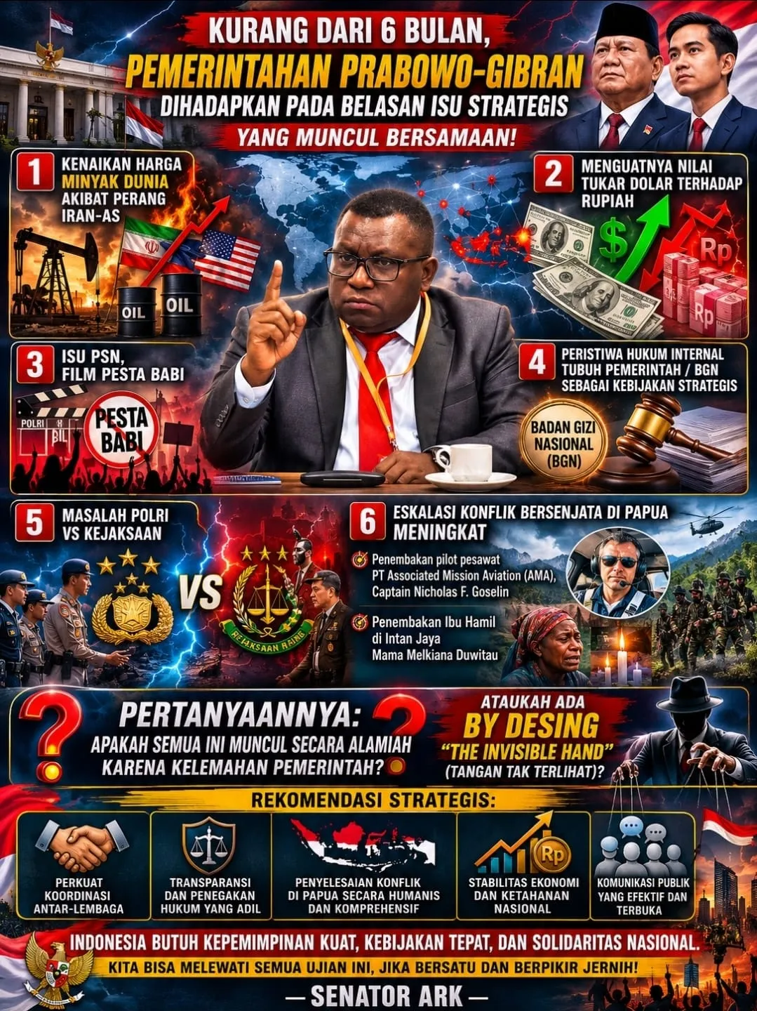 Senator ARK; Kurang Dari 7 Bulan Pemerintah Prabowo Gibran Menghadapi Belasan Isu EKOSOB & POLHUKAM