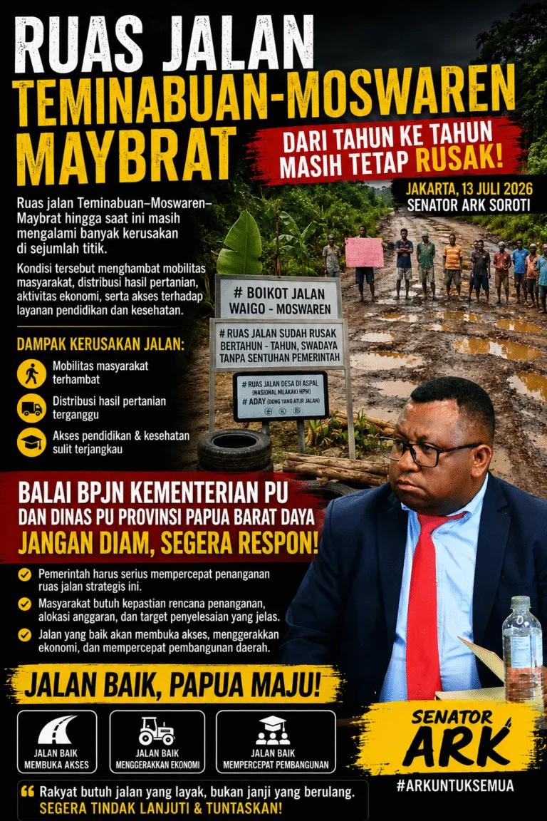 Senator ARK Soroti Kerusakan Ruas Jalan Teminabuan–Moswaren–Maybrat