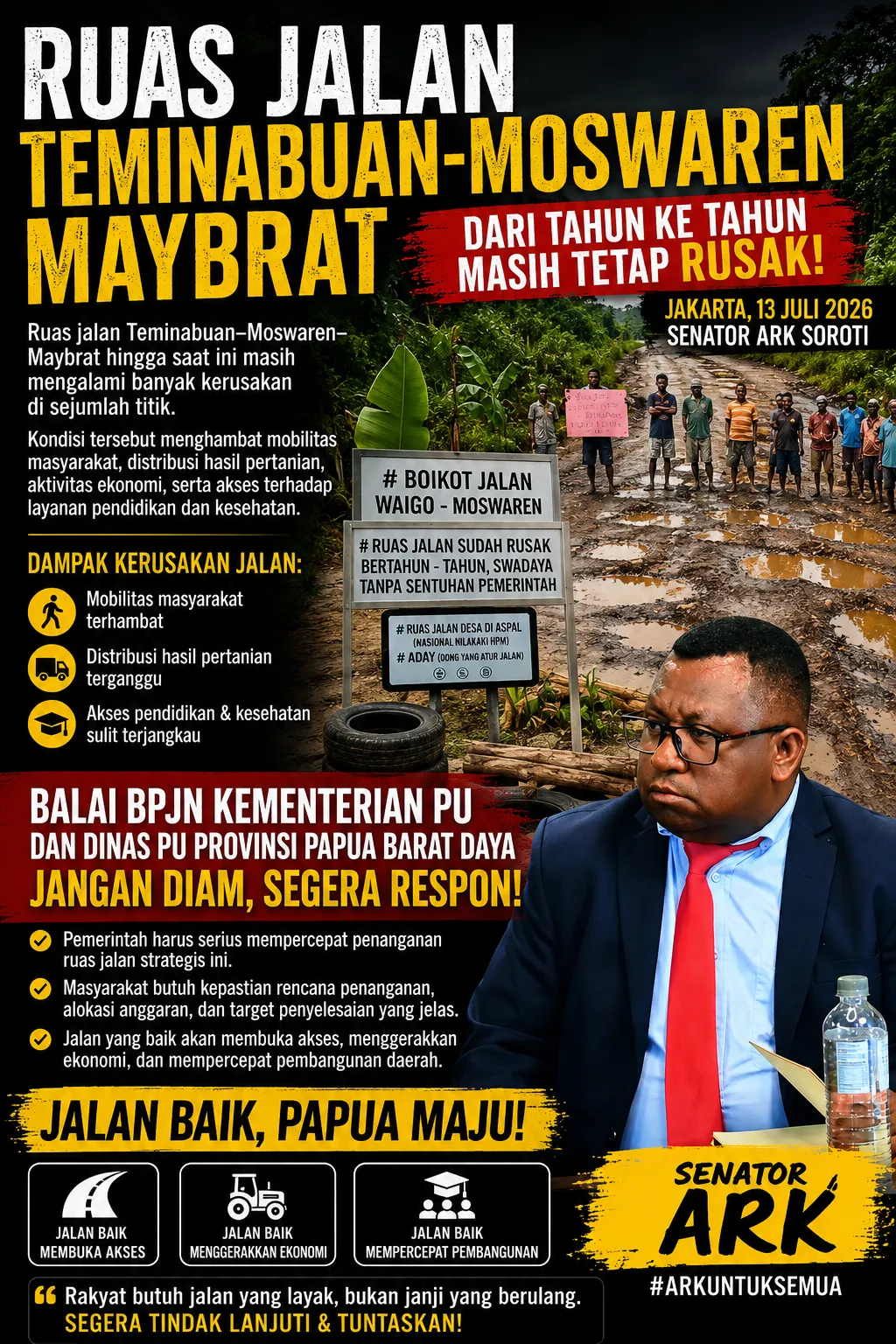 Senator ARK Soroti Kerusakan Ruas Jalan Teminabuan–Moswaren–Maybrat