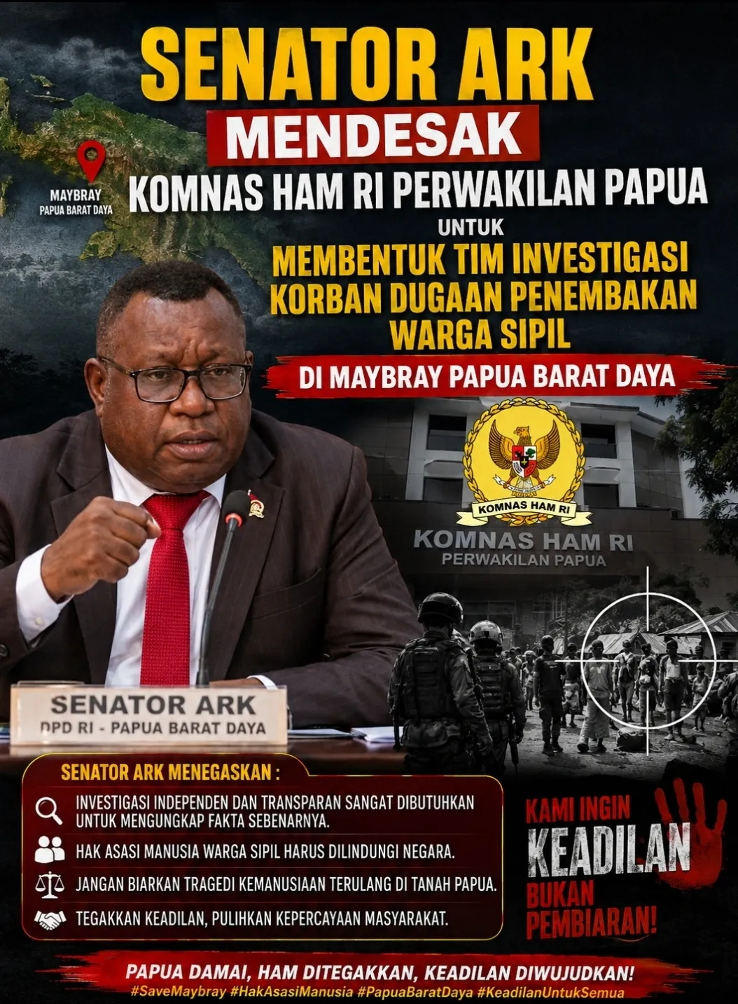 Senator ARK: Dugaan Penembakan Warga Sipil, KOMNAS HAM RI Segera Membentuk Tim Investigasi Mengunjungi Maybrat Papua Barat Daya